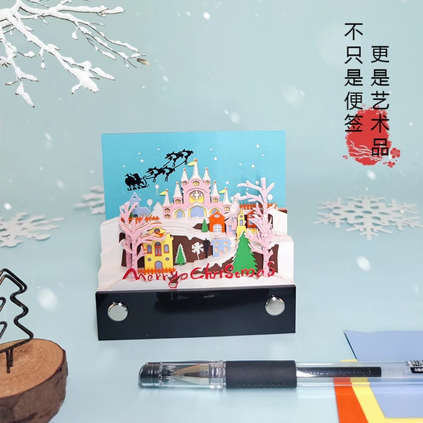 Romantik Rüya Kalesi Noel Kalesi Işıklı Kağıt Oyması 3D Not Defteri Hediye - Akrilik Kutulu