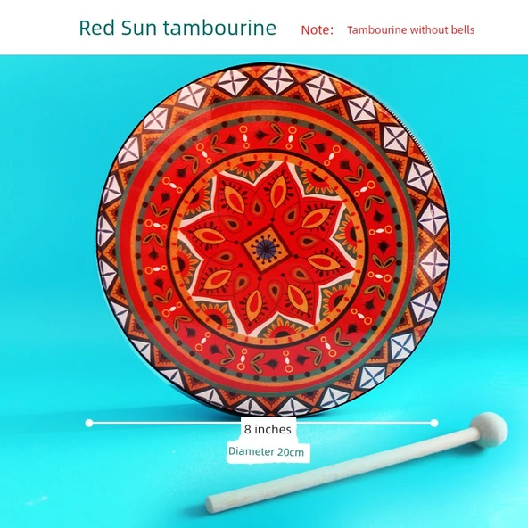 Kırmızı Güneş Tamburin 8 inç (20cm) Zil Parçasız + Ahşap Çekiç
