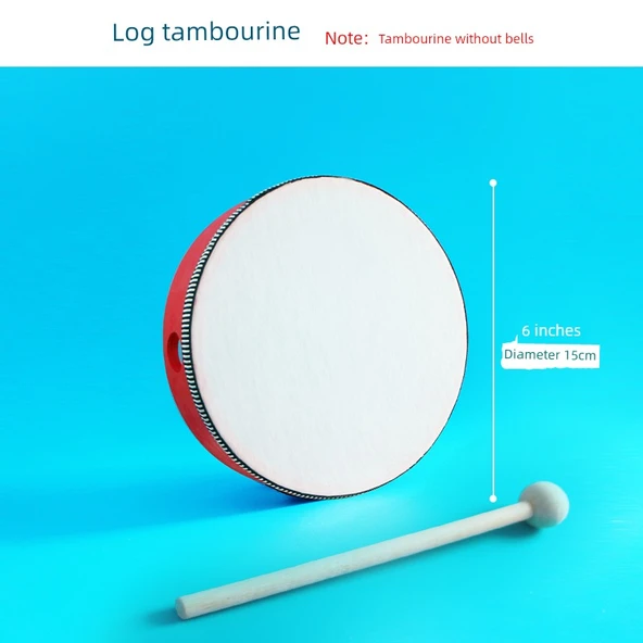 Kırmızı Tamburin 6 inç (15cm) Zil Parçasız + Ahşap Çekiç