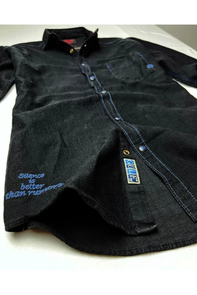 Slim Fit Saf Pamuk Denim Kumaş Kot Gömlek--koyulacivert--- - 3