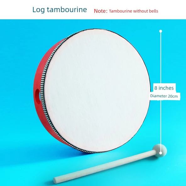 Kırmızı Tamburin 8 inç (20cm) Zil Parçasız + Ahşap Çekiç
