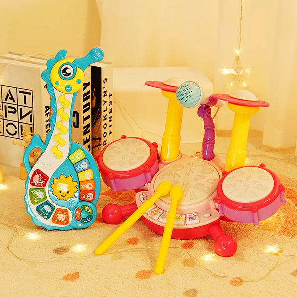 Çocuklar için Erken Eğitim Bulmaca Oyuncak Seti - Çok Fonksiyonlu Pembe Bulmaca, Müzik Gitarı ve Şarj Seti