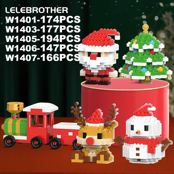 Noel Yapı Blok Oyuncağı - 5 Paket Noel Baba + Noel Ağacı + Kardan Adam + Geyik + Tren