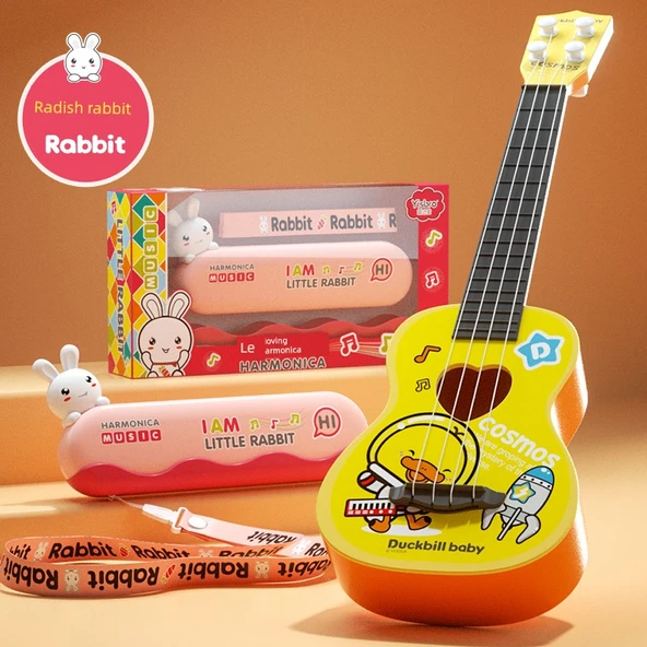 PiYo PiYo Turp Tavşanı Müzik Oyuncak Seti - Harmonik + Ukulele + Askı İpi