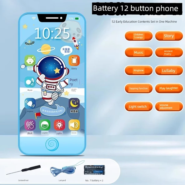 Eğitici Mobil Telefon Oyuncağı - [12 Tuşlu Pil] 52 Eğitim İçeriği - Tornavida + Lanyard