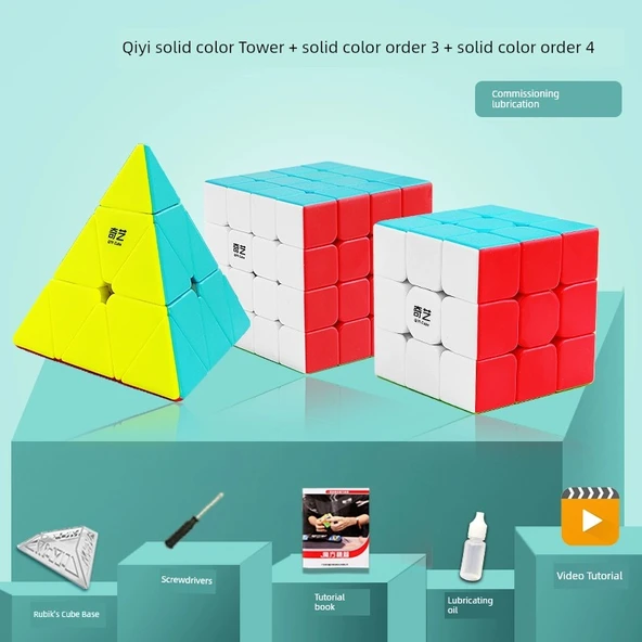 Üçgen Pyraminx Küp - Düz Renk Kule +3+4 Sıra