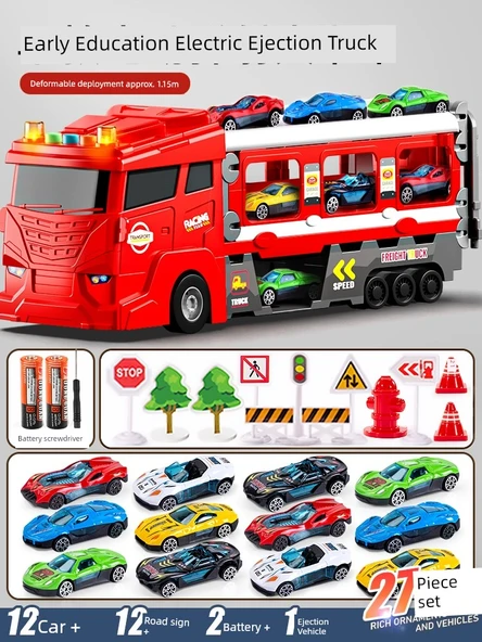 Deformasyon Fırlatma Aracı - Kırmızı - 12 Alaşım Araç ve Yol Tabelası