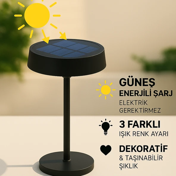 Cata CT-8450 Dubai Solar Şarjlı LED Masa Lambası Siyah Kasa 3 Renk Ayarlı Dimmerli Dekoratif Aydınlatma (3200K - 6400K - Amber)