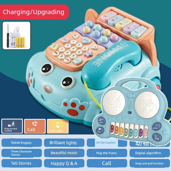 Müzikli Bebek Telefonu - Mavi Büyük + Davul Piyano Seti - Şarjlı