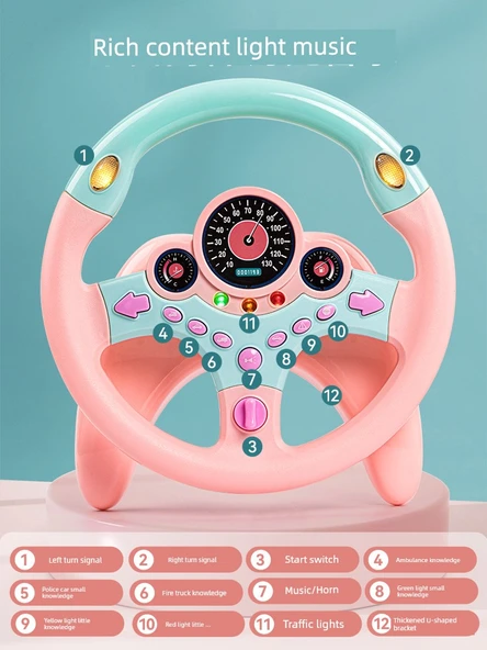 Çocuk Direksiyon Oyuncağı - Pembe Ses Anahtarı Şarjlı Pil Genişletilmiş Taban - 360 Derece Dönüş - 4