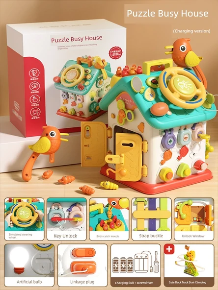 Montessori Altıgen Meşgul Ev Şarjlı Versiyon + Sarı Ördek Merdiven