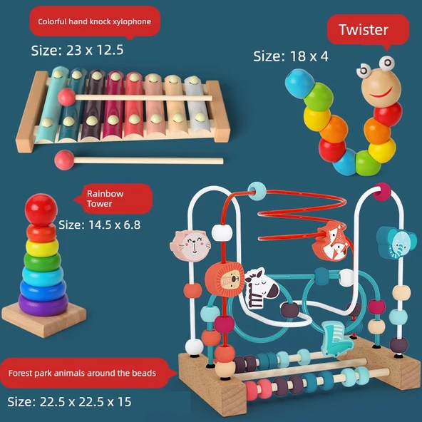 Ahşap Boncuk Oyuncak - Erken Eğitim Dört Parça Eğitim Seti