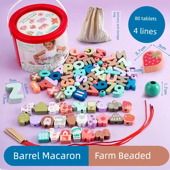 Çocuk İp Boncukları Gelişmiş Makaron-Çiftlik 80 Oyuncağı - Varil