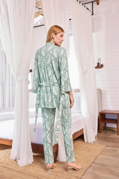 Monamise 25110 Yeşil 3 Lü Hamile Lohusa Pijama Sabahlık Tk - 4