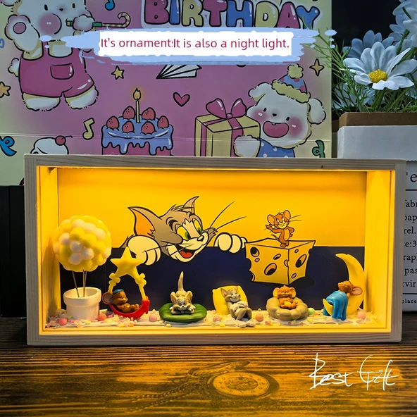 Sevimli Kedi ve Fare Gece Lambası - Uyku Kedi ve Fare - Pil ile Çalışan - Hediye Paketi