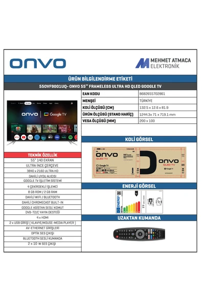 ONVO 55OVF9001UQ 55’’ 140 Ekran Uydu Alıcılı 4K Ultra HD QLED Google Smart TV - Resim 3