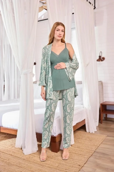 Monamise 25110 Yeşil 3 Lü Hamile Lohusa Pijama Sabahlık Tk