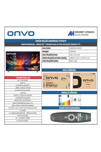 ONVO 85OVF9000UQ 85" 216 Ekran Uydu Alıcılı 4K Ultra HD Google Smart QLED TV - 3
