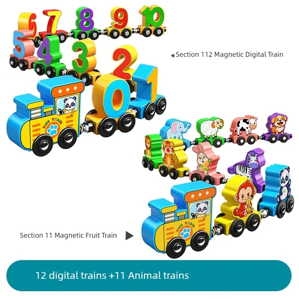 Ahşap Manyetik Tren Seti - 12 Dijital Tren + 11 Hayvan Treni
