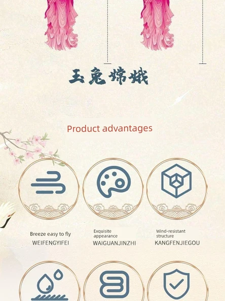 Yeşim Tavşanı Chang'e Prenses Uçurtması - 1.6 m Geniş Yeşim Tavşanı Chang 'E Uçurtması + 360 m Kristal Tutma Tekerleği + Bağlantı Parçası - 9