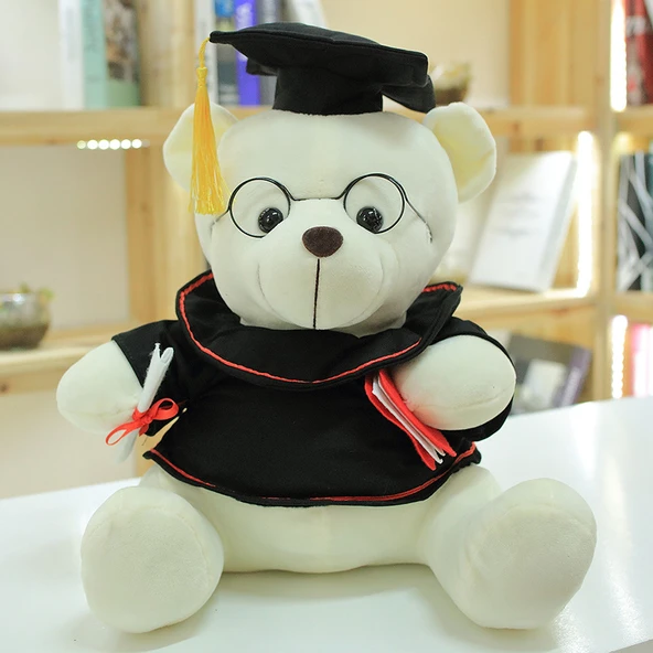 Mezuniyet Ayısı Doktora Şapkası Peluş Oyuncak - Beyaz Ayı Siyah Kıyafet 35cm