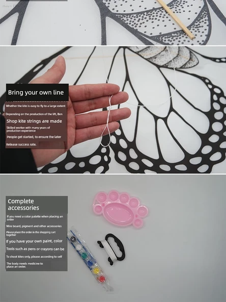 DIY Bambulu Düz Uçurtma Seti - 5 Uçurtma + Tel Tahta + Altı Renk Fırça - 9