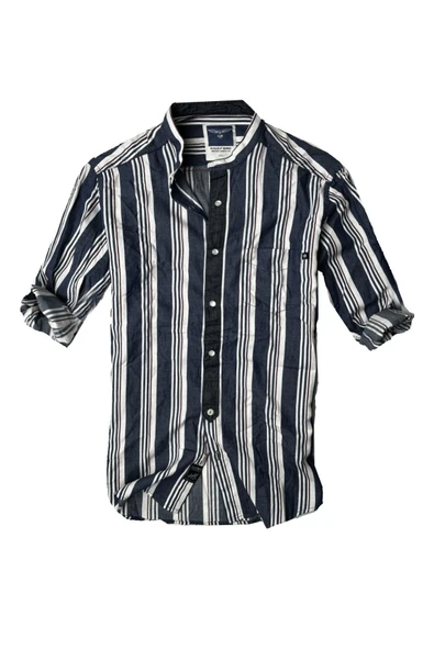 Slim Fit %100 Pamuk Kumaş Hakim Yaka Uzun Kol Gömlek--laci Çizgili--