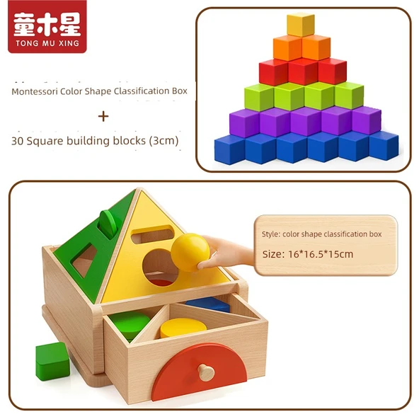 Montessori Renk Şekil Sıralama Kutusu + 30-3cm Kare Yapı Blokları