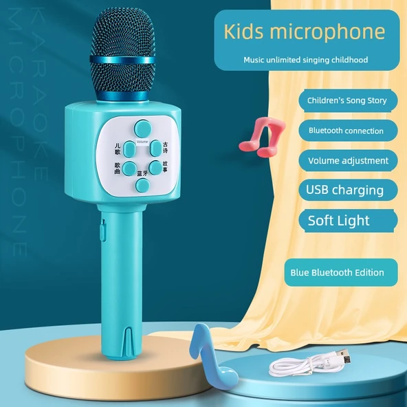 Karaoke Mikrofon Oyuncağı - Mavi - Bluetooth Versiyonu