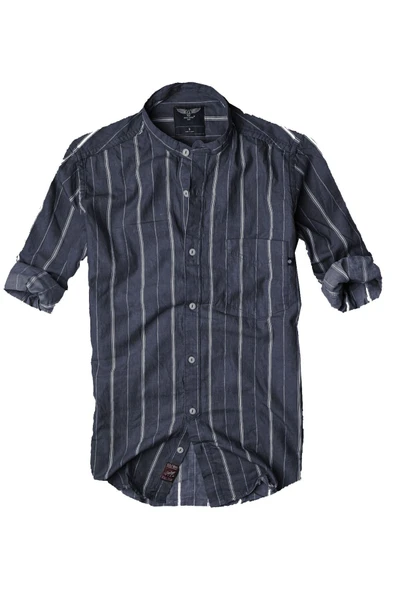 Slim Fit %100 Pamuk Kumaş Hakim Yaka Uzun Kol Gömlek--koyulaci Çizgili--