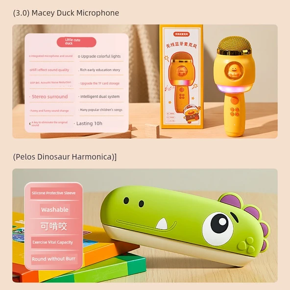 Çocuklar için Müzik Aleti Oyuncak Mikrofon - 3.0 Macey Ördek + Dinozor Harmonikası Kombinasyon Paketi