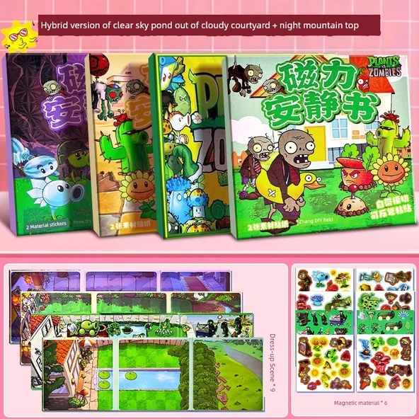Bitkiler ve Zombiler Magnetik Çıkartmalı Sessiz Kitap - Magnetik 4 Paket - Hibrit Versiyon + Temiz Gölet + Bulutlu Avlu + Gece Zirvesi