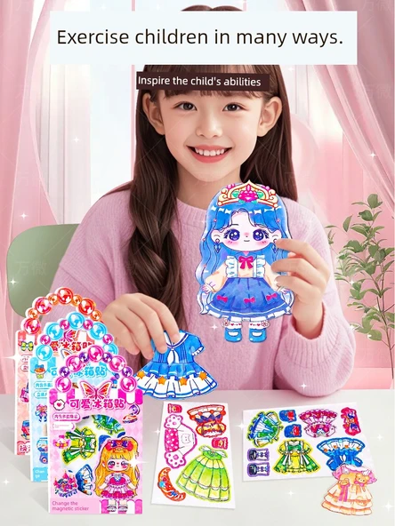 Prenses Manyetik Giydirme Çıkartma Oyuncağı - Pembe Stil 1 Kız + 9 Elbise Seti - 3