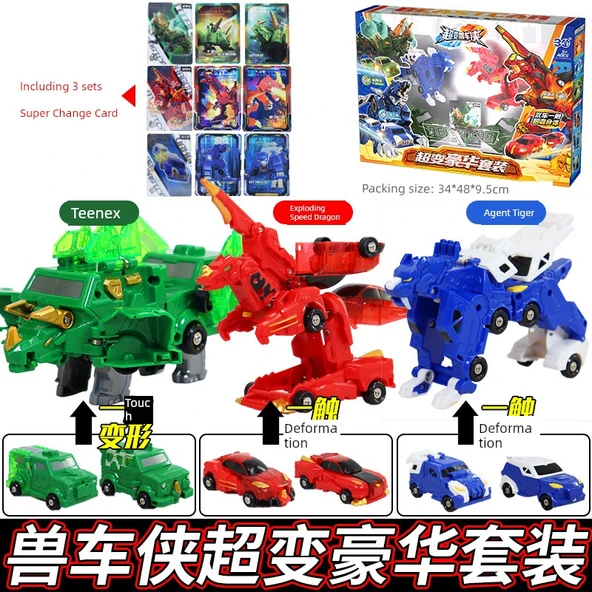 Değişim Canavarı Araba Adam Robot Oyuncak - Deluxe Hediye Kutusu [3 Paket] Patlayan Hızlı Ejderha + Ajan Kaplan + Tex +3 Kart Seti