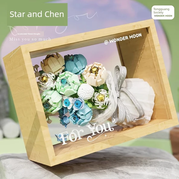 Ay Işığı Kulübü Yapı Blokları Buket Fotoğraf Çerçevesi DIY Oyuncak Hediyesi - Yıldız Dilek Parmak Yüzük Kutusu Romantik Yazı - Resim 4