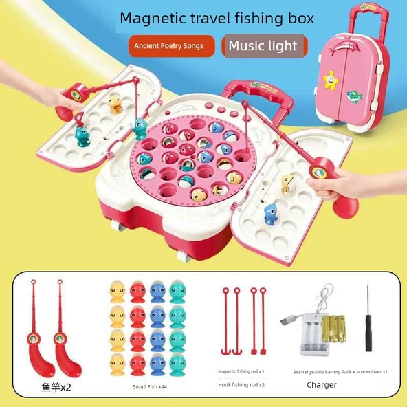 Müzikli Işıklar ile Manyetik Balık Avlama Oyuncağı - Manyetik Pembe 44 Balık Şarjlı