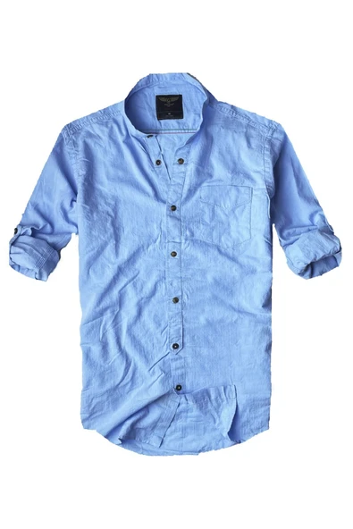 Slim Fit %100 Pamuk Kumaş Hakim Yaka Uzun Kol Gömlek--açık Düz Mavi--
