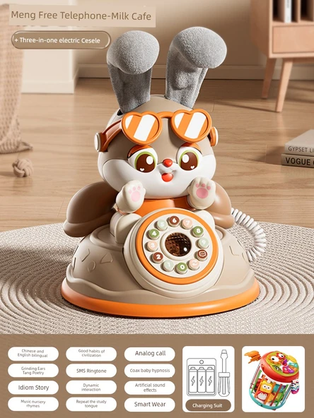 Müzikli Bebek Telefonu - Tekrar Öğrenme Dili Sevimli Tavşan Telefonu - Şarjlı Versiyon + Üçü Bir Arada Elektrikli Oyuncak
