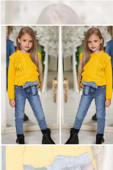 Kız Çocuk Fırfır ve Saç Örgü Detaylı Triko Bluz ve Jeans Pantolon Sarı ALt Üst takım - Resim 3