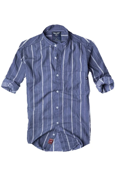 Slim Fit Saf Pamuk Kumaş Hakim Yaka Uzun Kol Gömlek-çizgili Koyu Mavi-