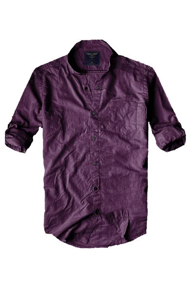 Slim Fit %100 Pamuk Kumaş Hakim Yaka Uzun Kol Gömlek Mor