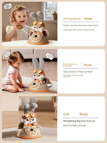 Müzikli Bebek Telefonu - Tekrar Öğrenme Dili Sevimli Tavşan Telefonu - Şarjlı Versiyon + Duygu Telefonu - 3