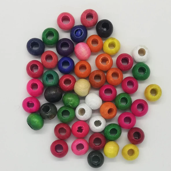 Ara Boncuk Ahşap Renkli Top 12 Mm  ( Geniş Delikli )