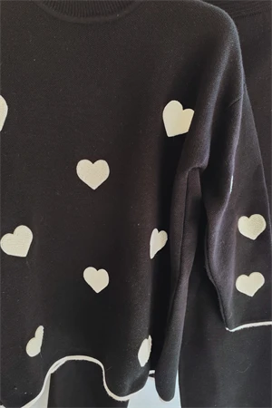 Premium Kumaş Kadın Siyah Havlu Kalp İşleme Detay Triko Kazak Pantolon İkili Takım - 5