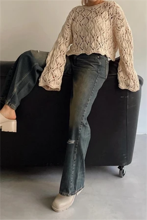 Kayık Yaka Ajurlu Triko Kazak - 2