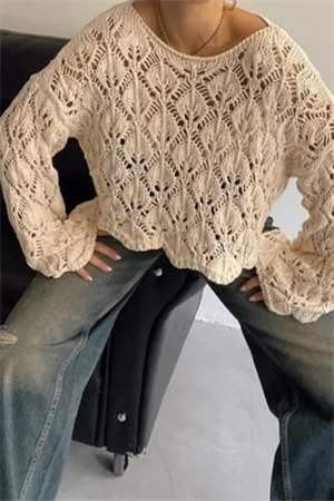 Kayık Yaka Ajurlu Triko Kazak