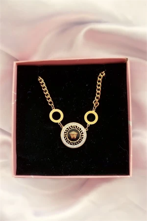 Trade Bazaar Gold Renk Medusa Model Çelik Zirkon Taşlı Madalyon Kolye - 2