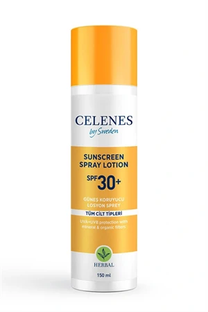 Celenes Herbal Güneş Koruyucu Losyon Sprey SPF 30+ – Bitkisel İçerikli Yüksek Koruma, 150 ml