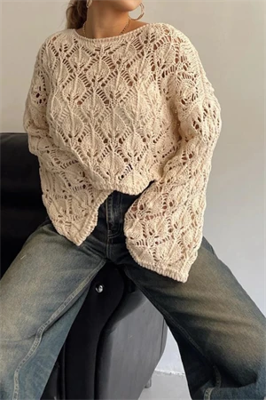 Kayık Yaka Ajurlu Triko Kazak - 3