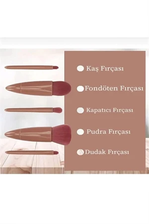 Taşınabilir Aynalı 5'li Makyaj Fırça Seti Göz Farı, Fondöten, Allık Karıştırma, Makyaj Fırçaları Sünger Hediyeli - 3